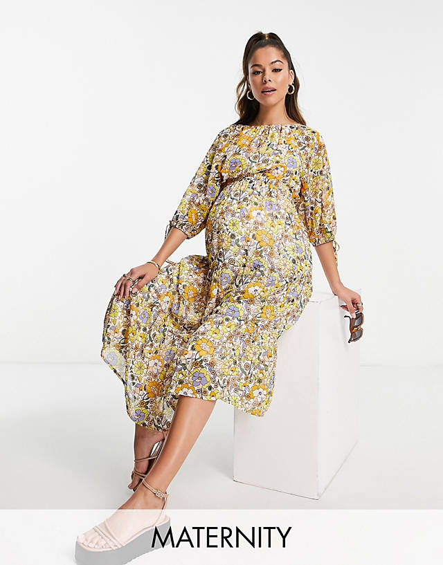 Violet Romance Maternity - puff sleeve tiered midi dress in 70s floral print