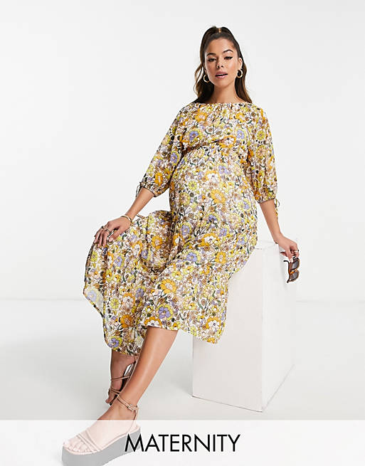 Violet Romance Maternity puff sleeve tiered midi dress in 70s floral print