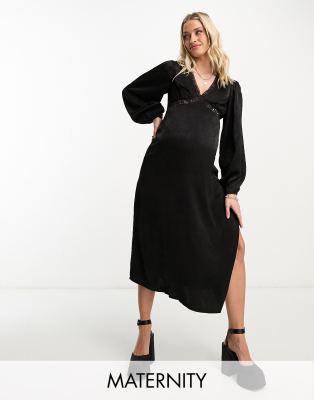 Violet Romance Maternity Satin Midi Dress With Lace Inserts In Black