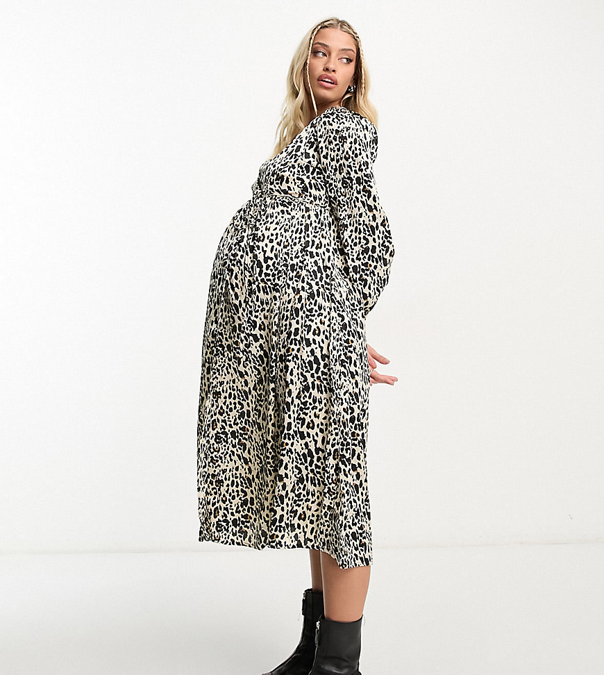 satin wrap midi dress in leopard print-Multi