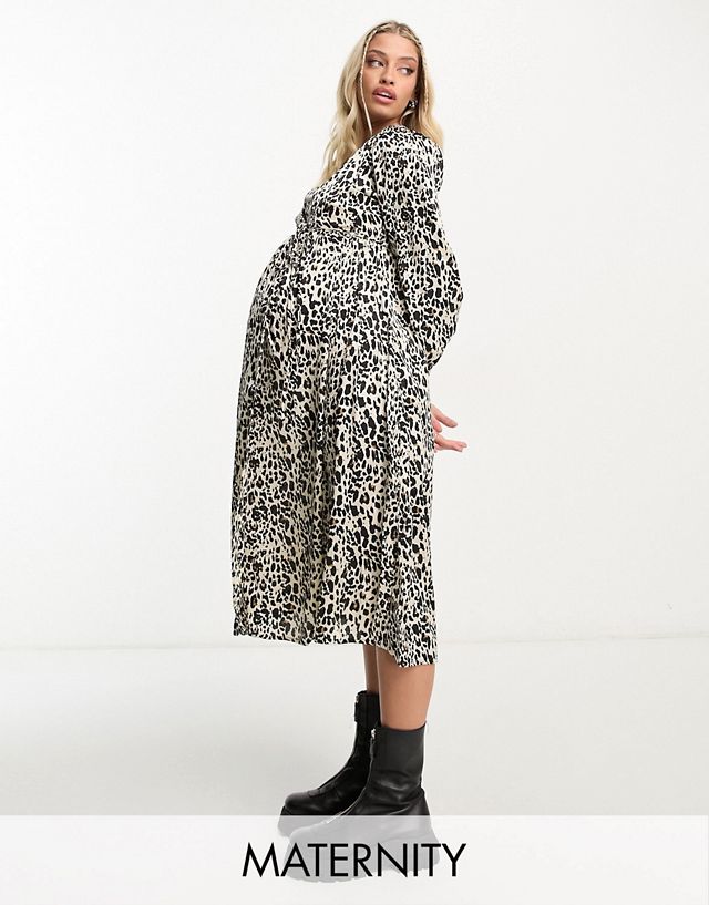 Violet Romance Maternity satin wrap midi dress in leopard print