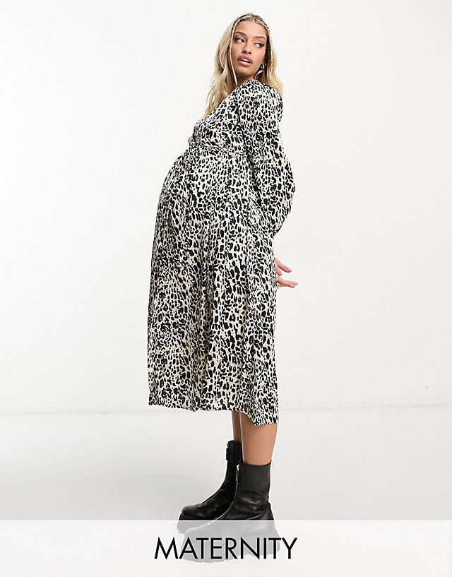 Violet Romance Maternity - satin wrap midi dress in leopard print