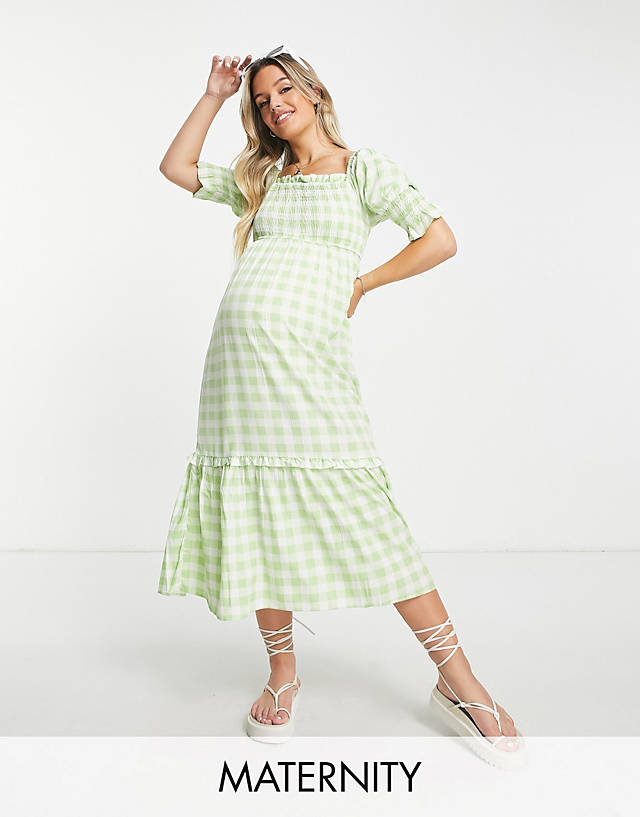 Violet Romance Maternity - shirred bust midi dress in green gingham