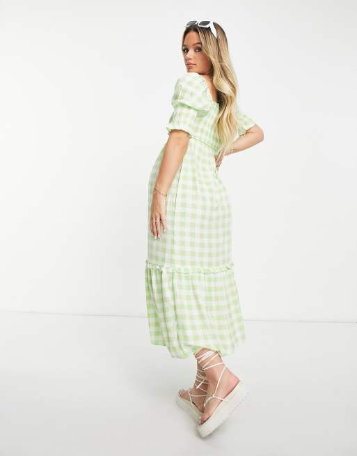 green plaid maternity dress Green Plaid Square Ruffle Neck Tiered Maternity Dress – PinkBlush