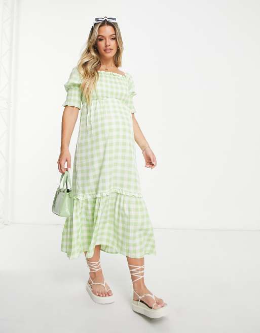 green gingham maternity dress Cecilia 100% Cotton Smocked Maxi Dress in Green Haze Plaid (Lined)
