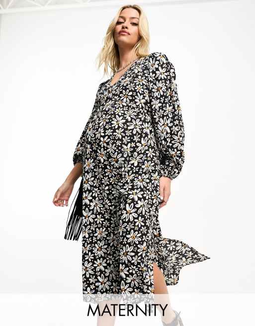 Monochrome Midi Wrap Maternity Dress