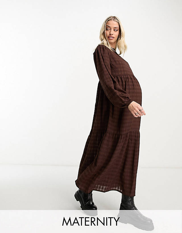 Violet Romance Maternity - smock tiered midaxi dress in chocolate brown