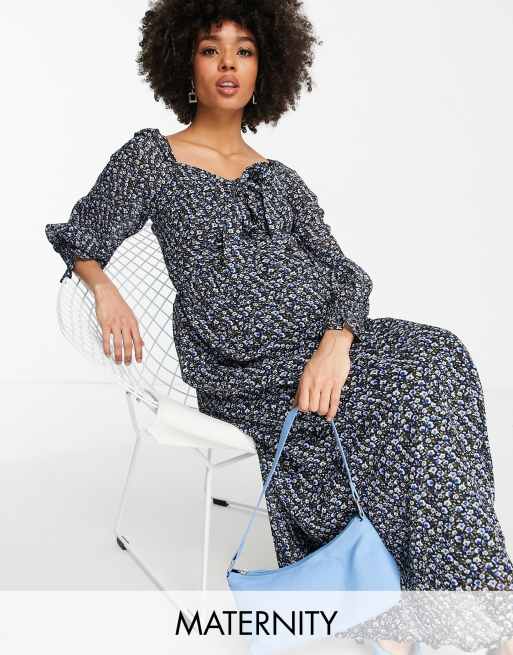 Violet Romance Maternity Sweetheart Neckline Midi Dress In Ditsy Floral