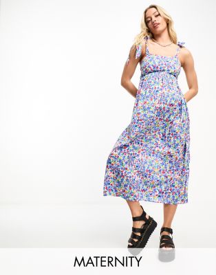 Violet Romance Maternity tie strap midi dress in floral print-Blue