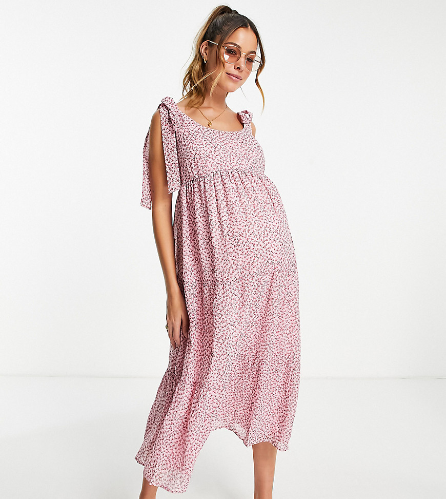 Violet Romance Maternity tie strap tiered midi dress in floral print-Pink