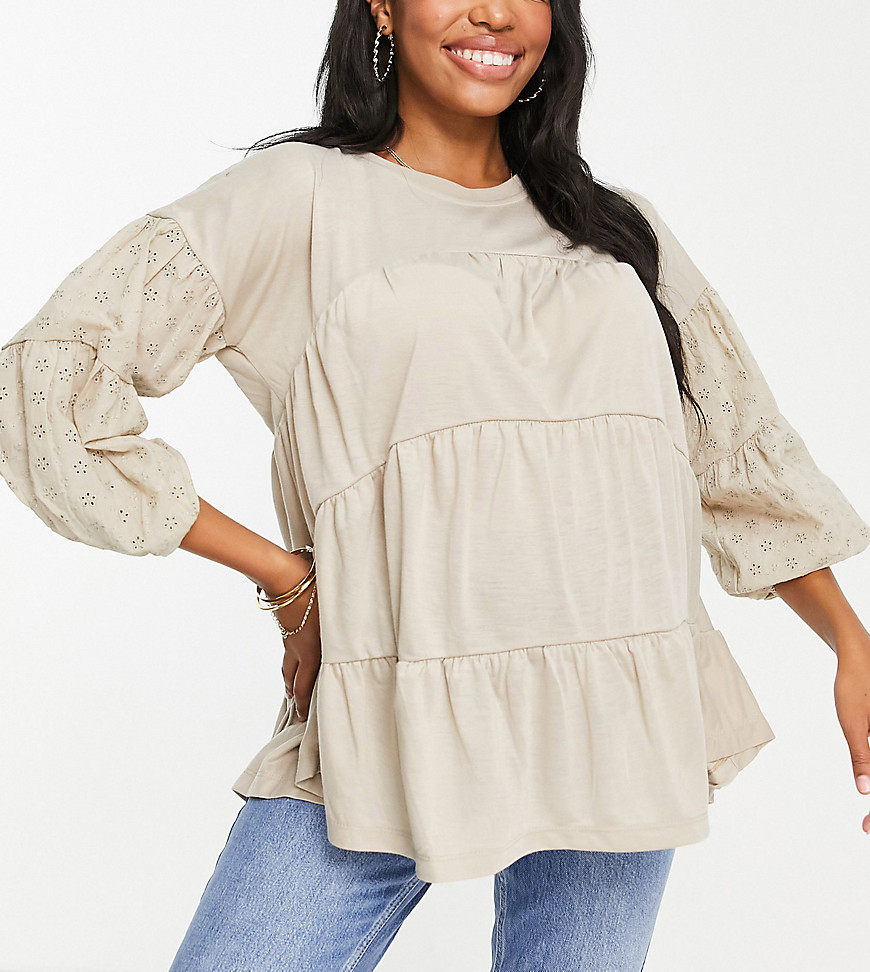 Violet Romance Maternity tiered jersey top with eyelet sleeves in beige-Neutral