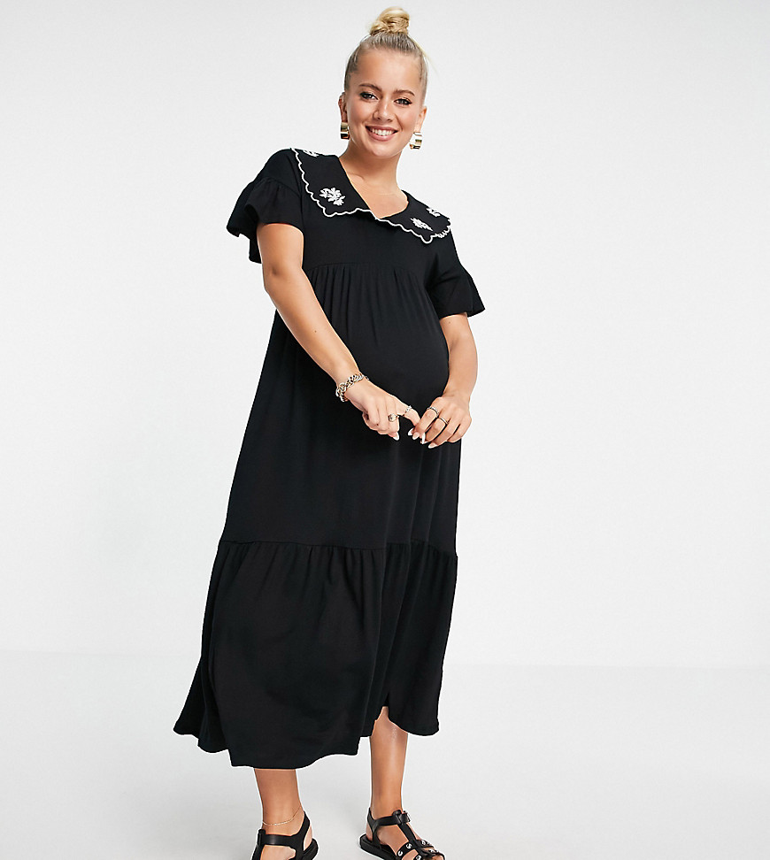 Violet Romance Maternity tiered smock midi dress with embroidered collar in black
