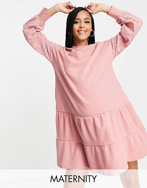 Violet Romance Maternity tiered sweater dress with broderie sleeves in pink