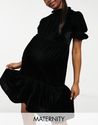 Violet Romance Maternity Violet Romance Maternity tiered velvet mini dress-Black