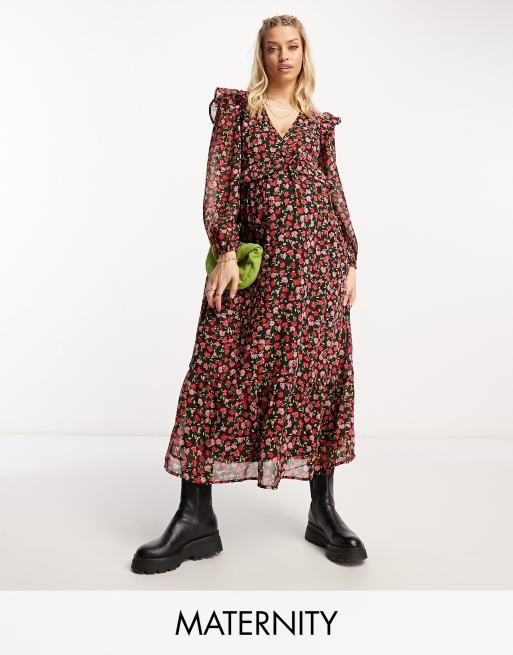 Violet Romance Maternity – Warstwowa sukienka midi w kwiatowy wzór