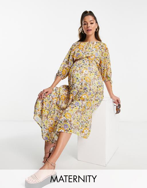 Violet Romance Maternity – Warstwowa sukienka midi z bufkami w kwiaty w stylu lat 70.