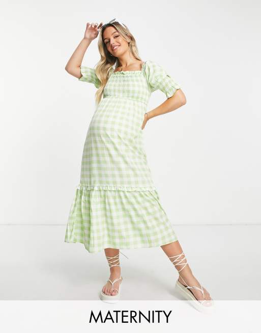 Violet Romance Maternity – Zielona sukienka midi w kratkę vichy, z marszczeniami na biuście