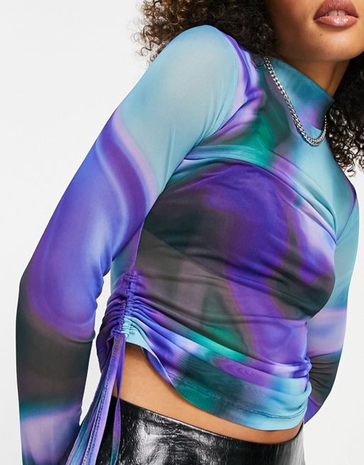 Violet Romance mesh high neck top with ruched sides in multi