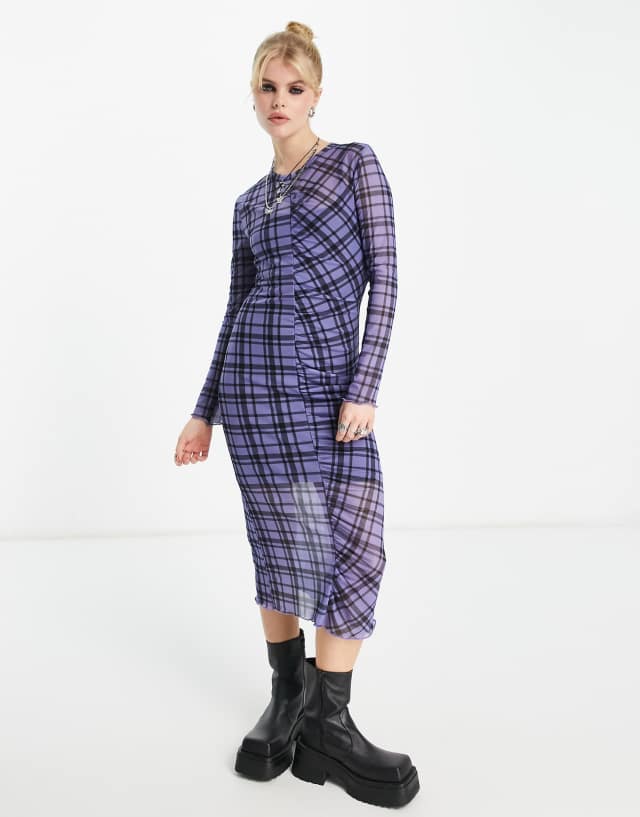 VIOLET ROMANCE - mesh midi dress in grid print