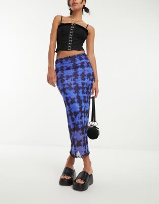 VIOLET ROMANCE Violet Romance mesh midi skirt in blue abstract print