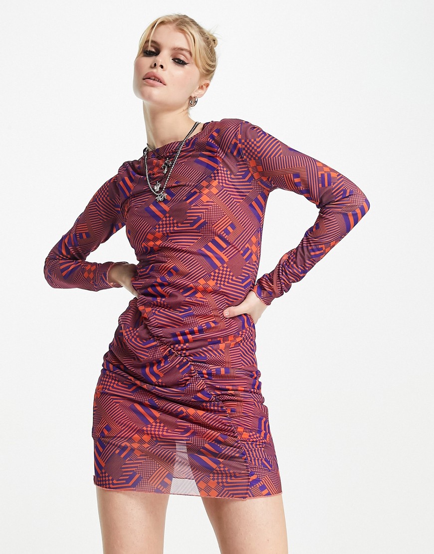 Violet Romance mesh mini dress in geometric print-Multi