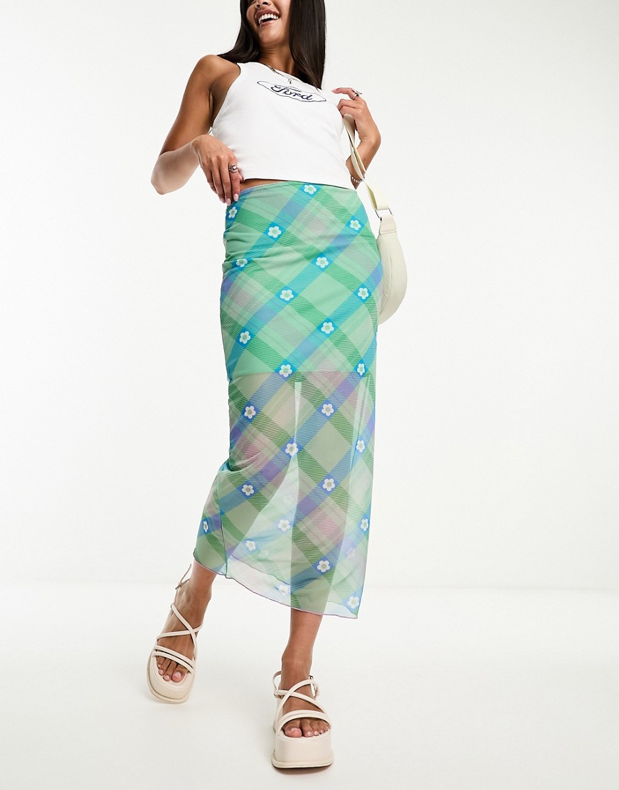 Violet Romance mesh overlay midi skirt in flower check print-Green