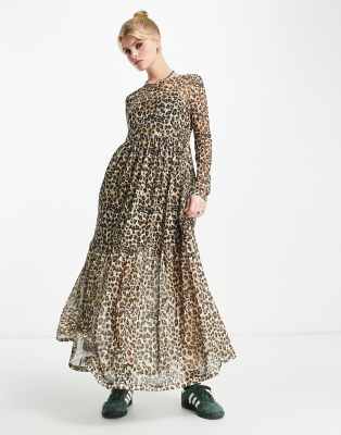 Ganni leopard shop mesh maxi dress