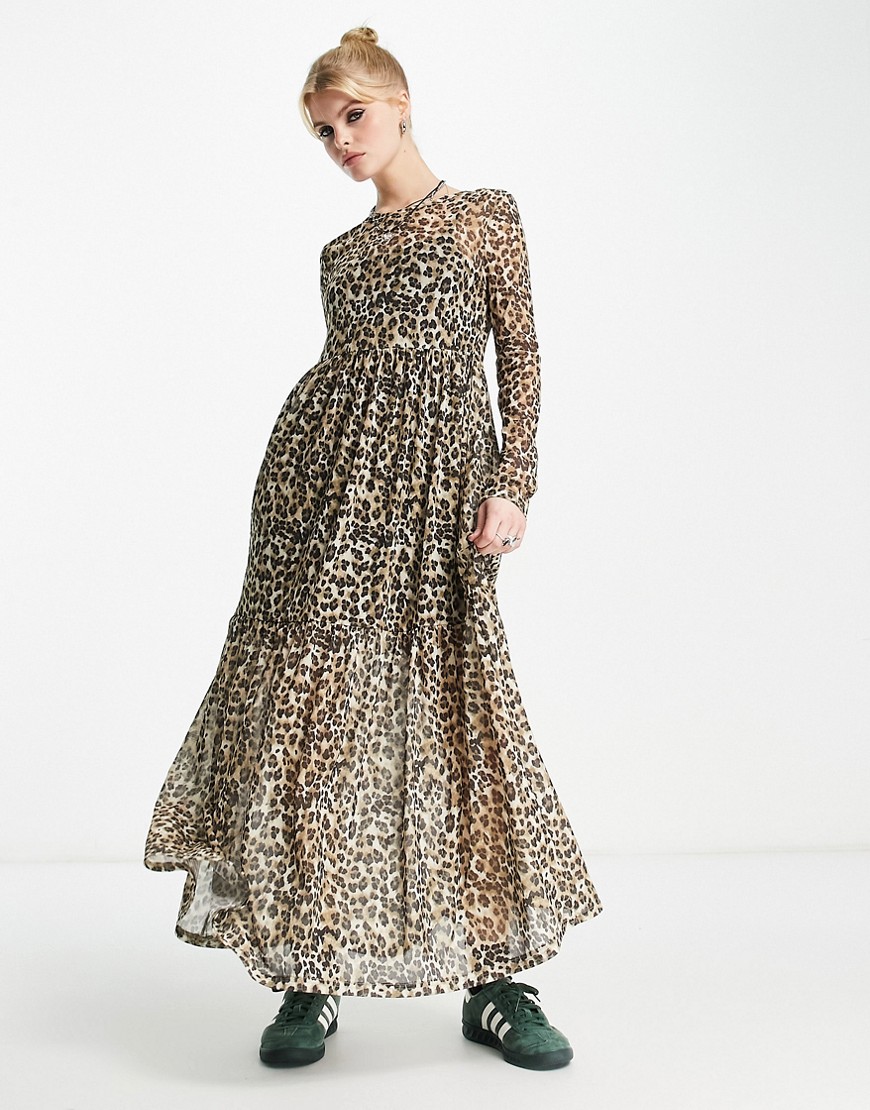 Violet Romance mesh tiered smock midi dress in leopard print-Multi
