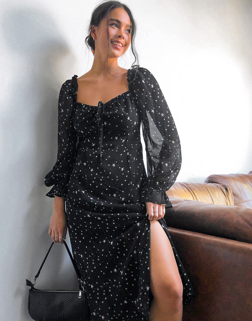Violet Romance - Midi-jurk met dubbele split aan de dijen in sterrenprint-Zwart
