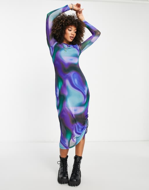 Violet Romance - Midi jurk van mesh met gerimpelde gestrikte zijkant in marmerprint