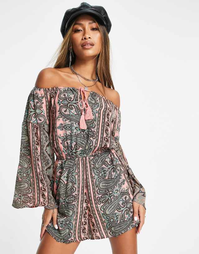 Violet Romance off-shoulder romper in mixed paisley print