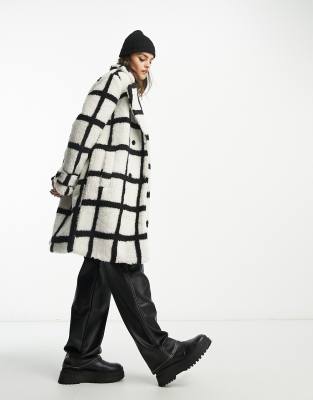 oversized borg coat in grid print-White