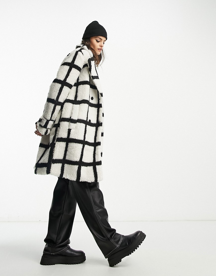 Violet Romance oversized borg coat in grid print-White