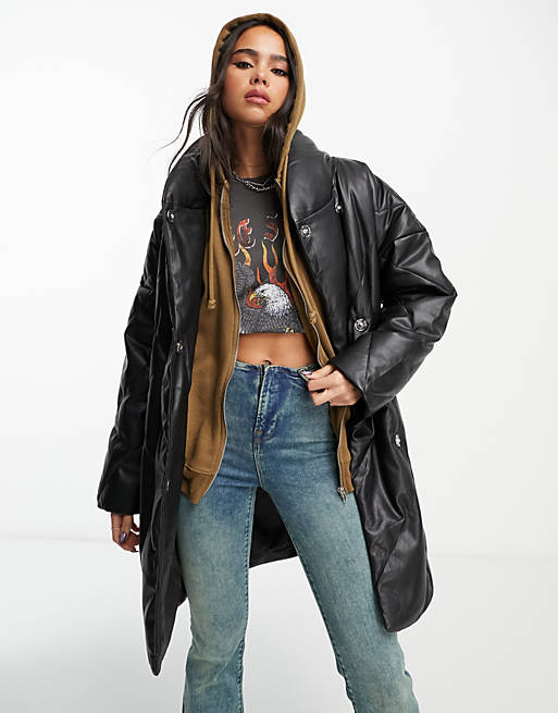 Violet Romance oversized faux leather coat with shawl neck in black | ASOS
