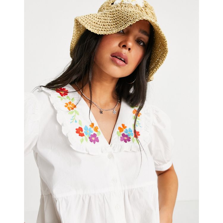 flower embroidery collar blouse ????