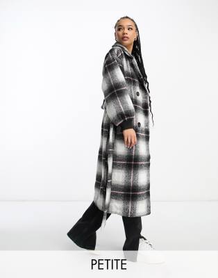 Violet Romance Petite Belted Coat In Black And White Plaid