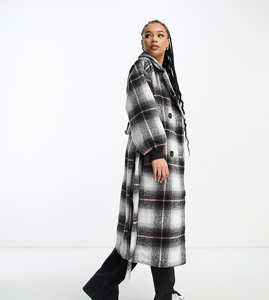 belted coat in black and white plaid