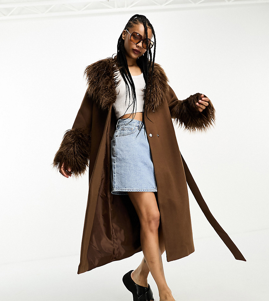 Violet Romance Petite belted longline coat with faux fur trims in chocolate brown