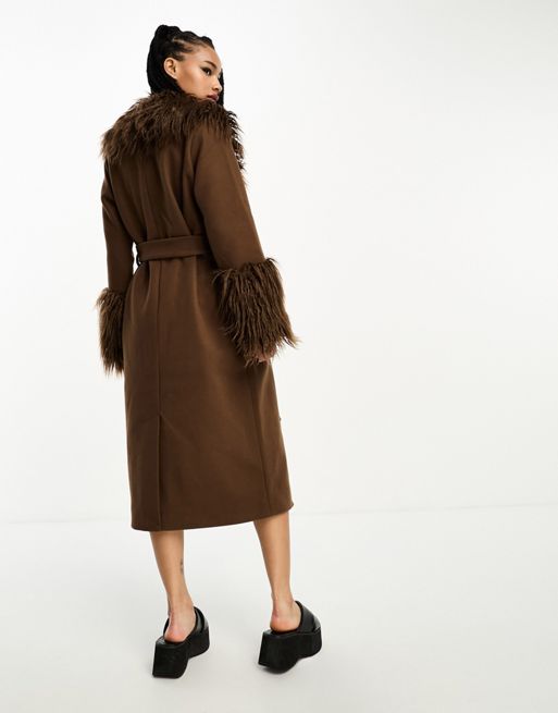 Violet Romance Petite belted longline coat with faux fur trims in chocolate  brown