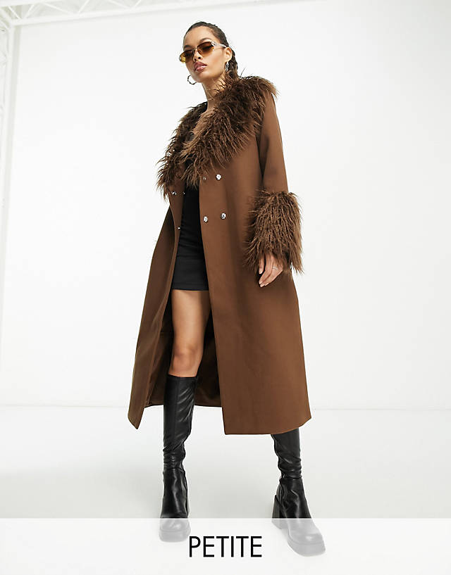 Violet Romance Petite - belted longline coat with faux fur trims in chocolate brown