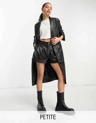 Violet Romance Petite Faux Leather Longline Trench Coat In Black