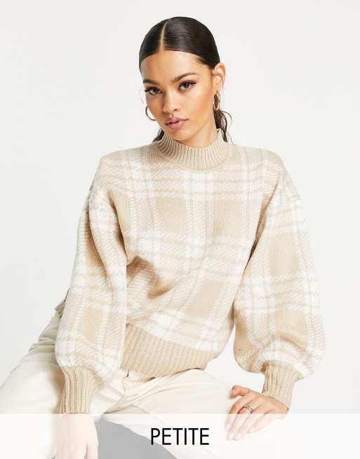 Violet Romance Petite fluffy knit oversized jumper in neutral check | ASOS