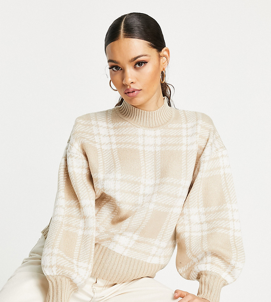Violet Romance Petite fluffy knit oversized sweater in neutral plaid