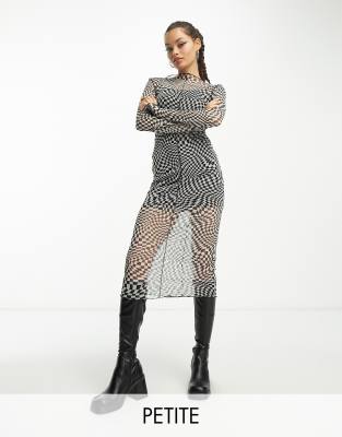 Topshop + Topshop Petite Checkerboard Mesh Jersey Midi Dress With Seams In  Multi