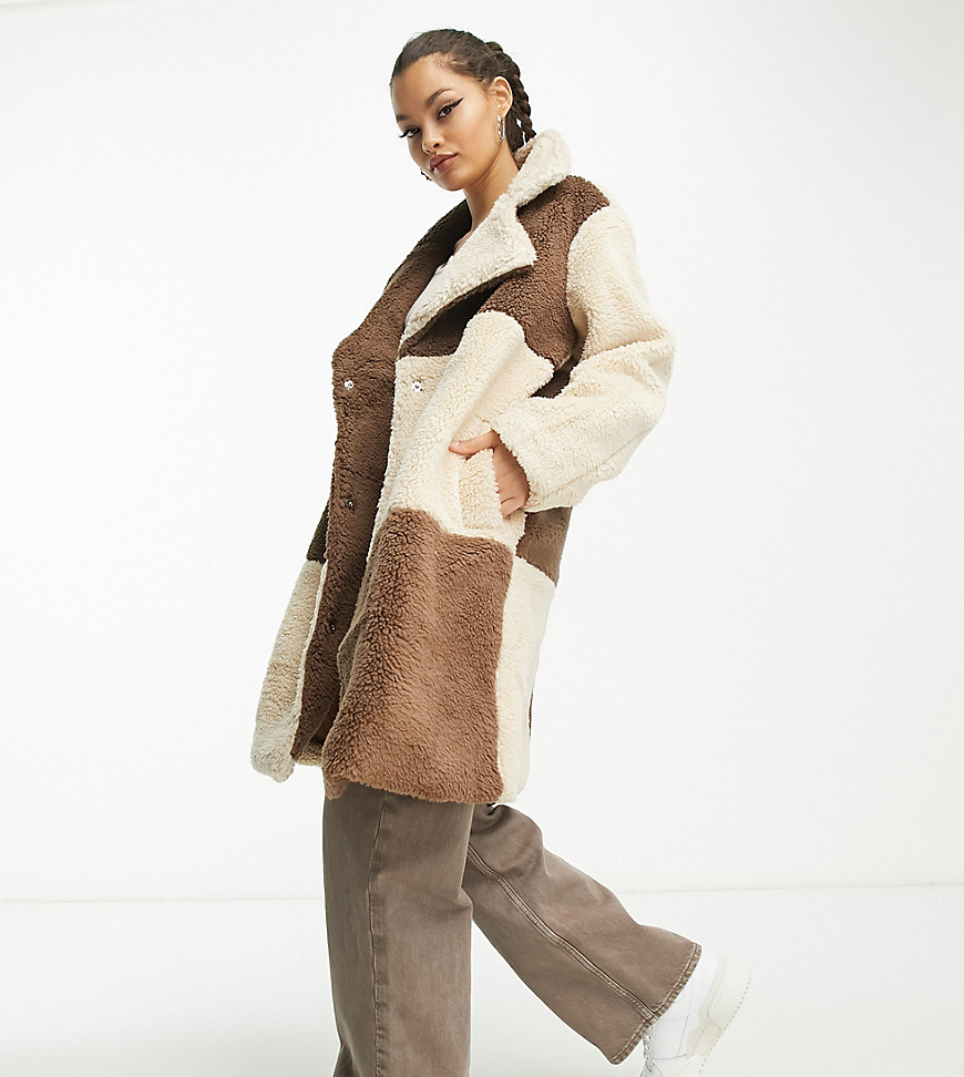 oversized borg coat in color block-Brown