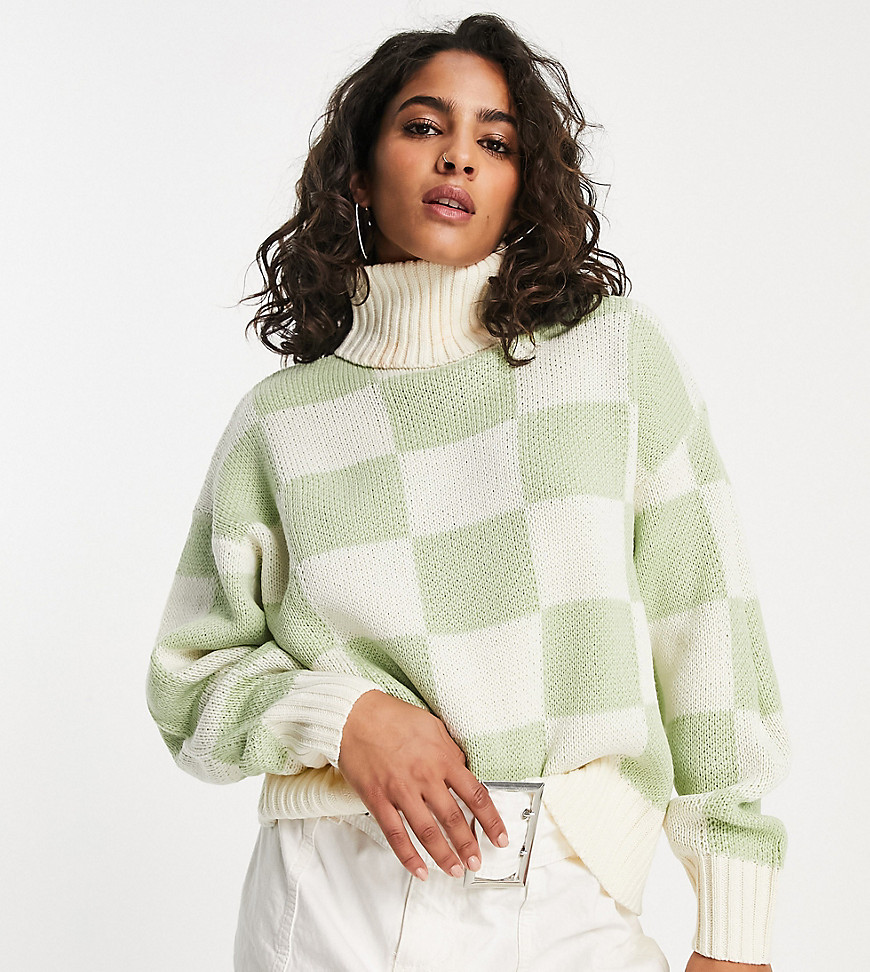 Violet Romance Petite roll neck jumper in sage check-Green