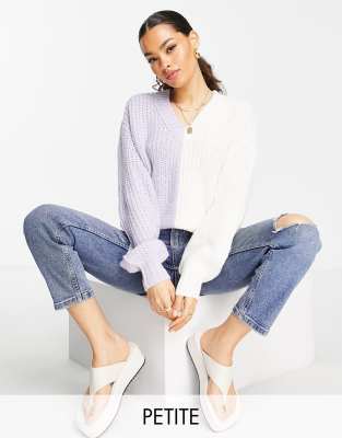 Violet Romance Petite Violet Romance Petite v neck jumper in contrast colour block-Purple