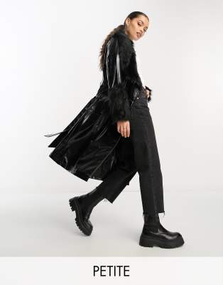 Violet Romance Petite Faux Leather Longline Trench Coat In Black