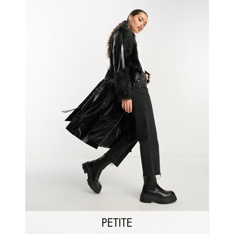 Violet Romance Petite vinyl jacket with faux fur trims in black