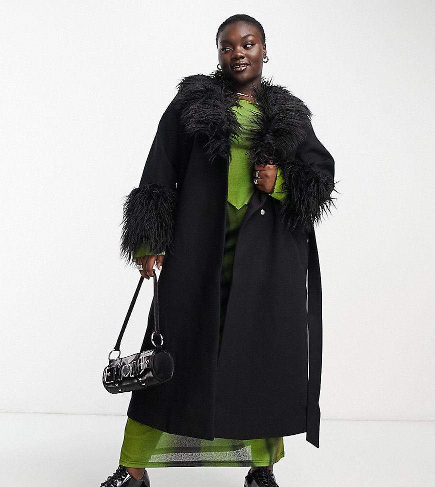 Violet Romance Plus belted longline coat with faux fur trims in black